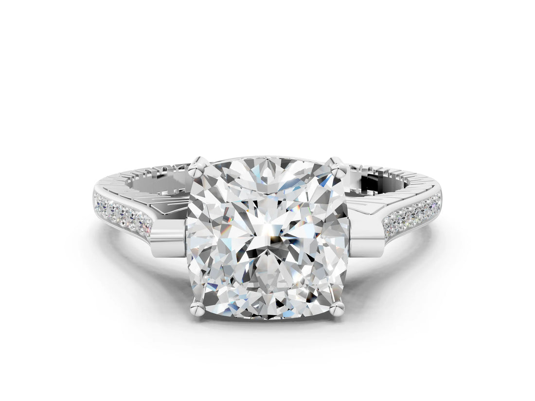 White gold Cushion Solitaire Diamond Ring with Channel Set Band and Bezel Prong Setting_80