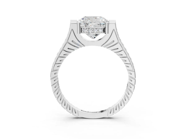 Platinum Cushion Cut Vintage Cathedral Engagement Ring Setting with Engraved Sides and Pave