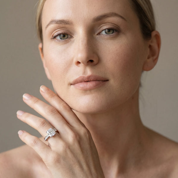 White gold Cushion Solitaire Diamond Ring with Channel-Set Band and Four-Prong Setting