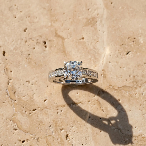 White gold Cushion Solitaire Diamond Ring with Channel-Set Band and Four-Prong Setting