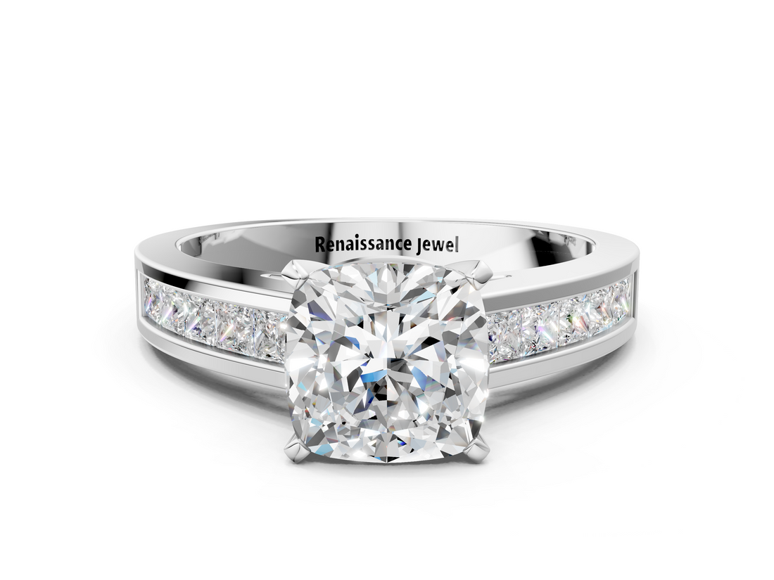 White gold Cushion Solitaire Diamond Ring with Channel-Set Band and Four-Prong Setting_24
