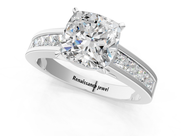 White gold Cushion Solitaire Diamond Ring with Channel-Set Band and Four-Prong Setting