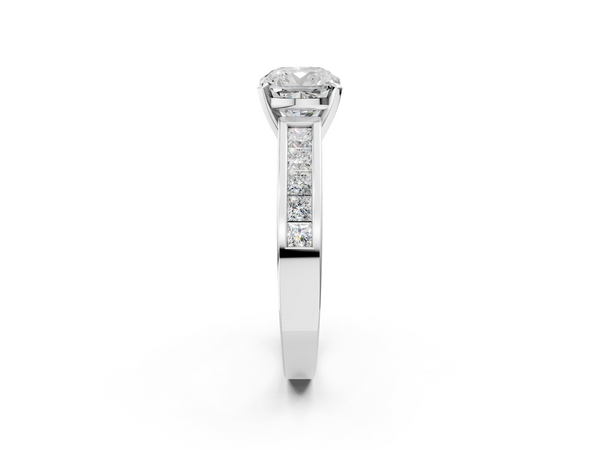 White gold Cushion Solitaire Diamond Ring with Channel-Set Band and Four-Prong Setting