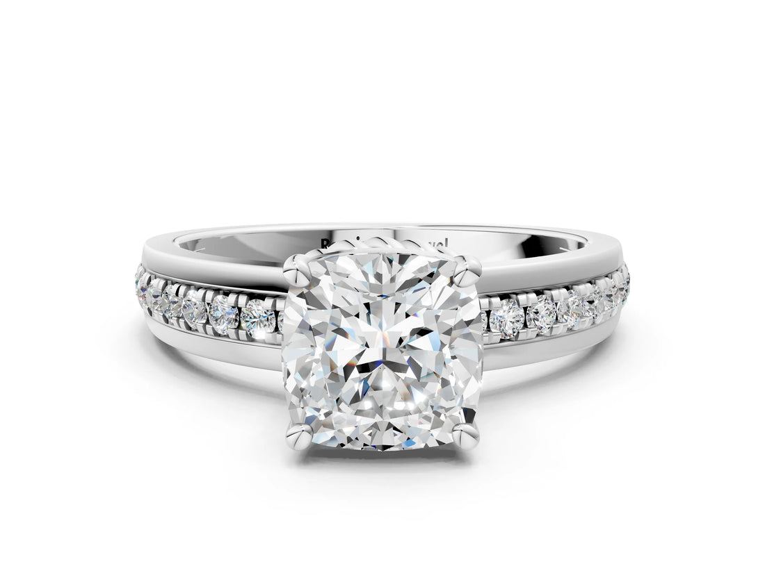 White gold Cushion Solitaire Diamond Ring with Channel Set Band and Six-Prong Setting_48