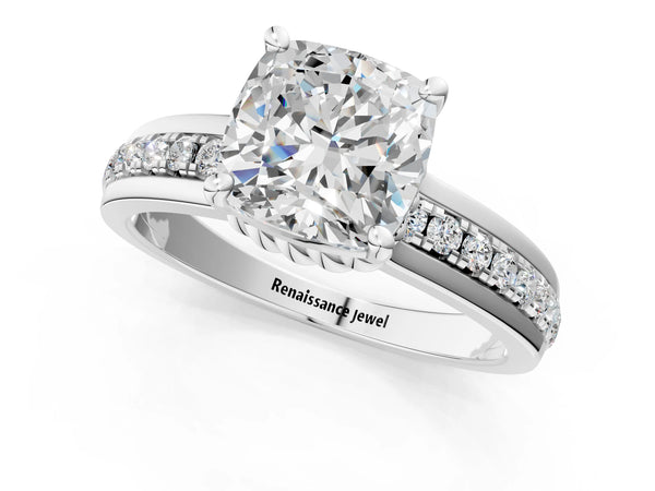 Platinum Cushion Cut Solitaire Engagement Ring Setting with Raised Channel Band and Rope Collar Head