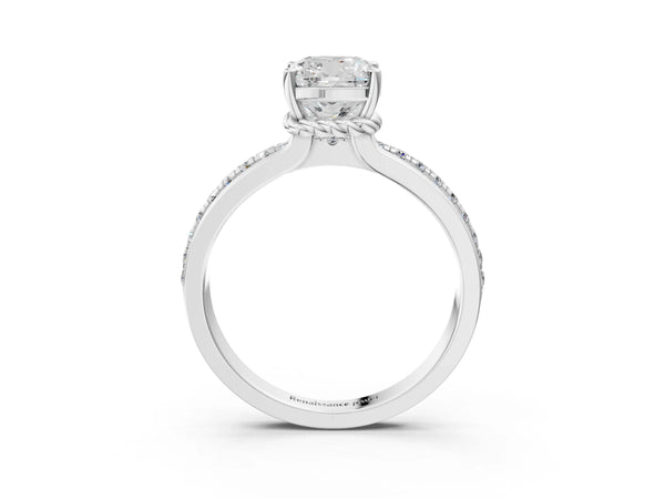 Platinum Cushion Cut Solitaire Engagement Ring Setting with Raised Channel Band and Rope Collar Head