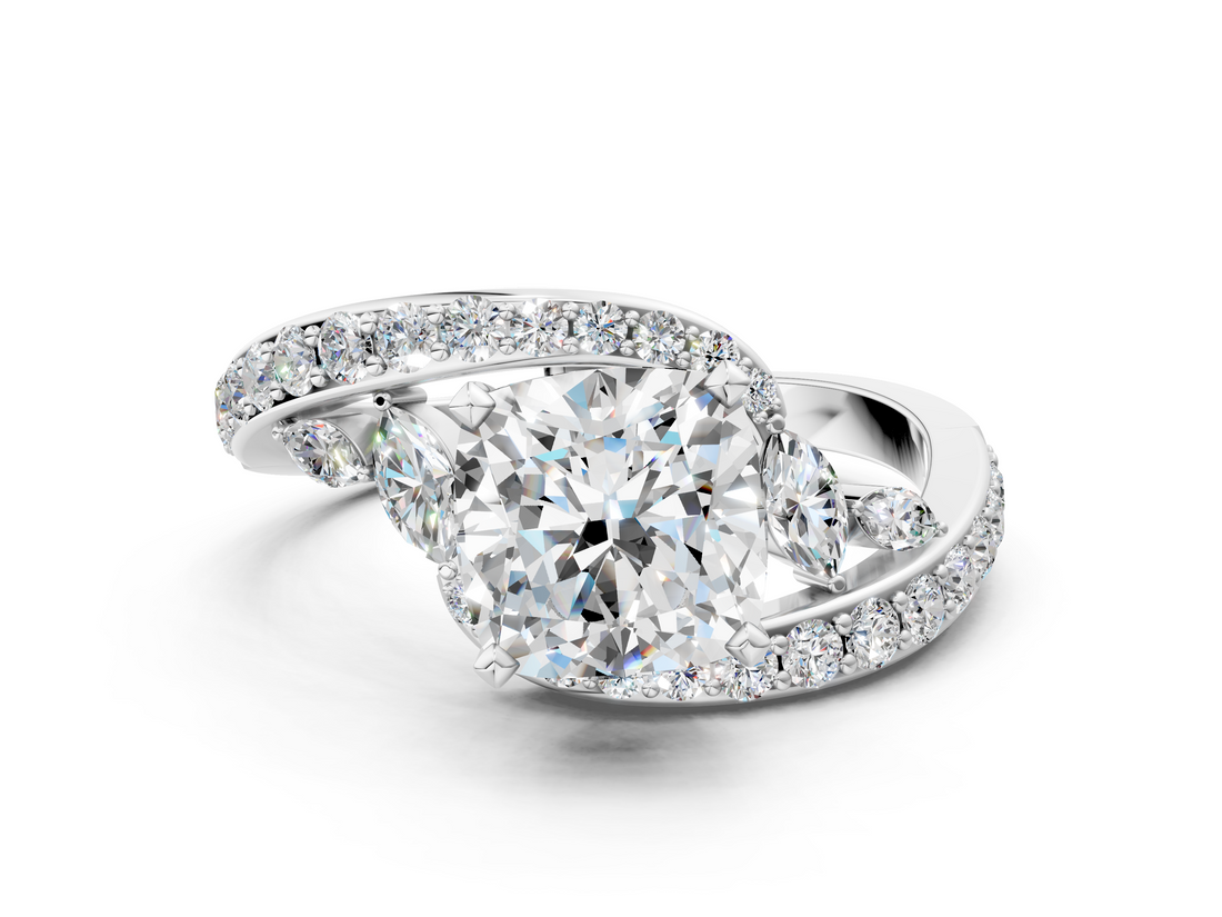 White gold Cushion Solitaire Diamond Ring with Filigree Band and Four-Prong Setting_107