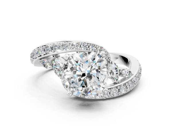 White gold Cushion Cut Diamond Solitaire Ring with Filigree Band and Four-Prong Setting