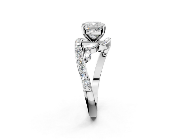 White gold Cushion Cut Diamond Solitaire Ring with Filigree Band and Four-Prong Setting