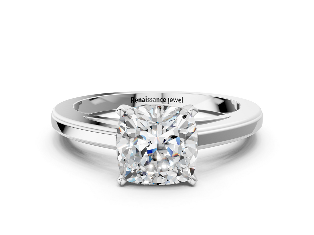 White gold Cushion Solitaire Diamond Ring with Four-Prong Setting and Classic Band_23
