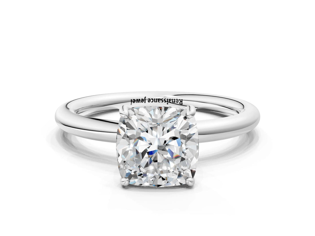 White gold Cushion Solitaire Diamond Ring with Four-Prong Setting on a Plain Band_20