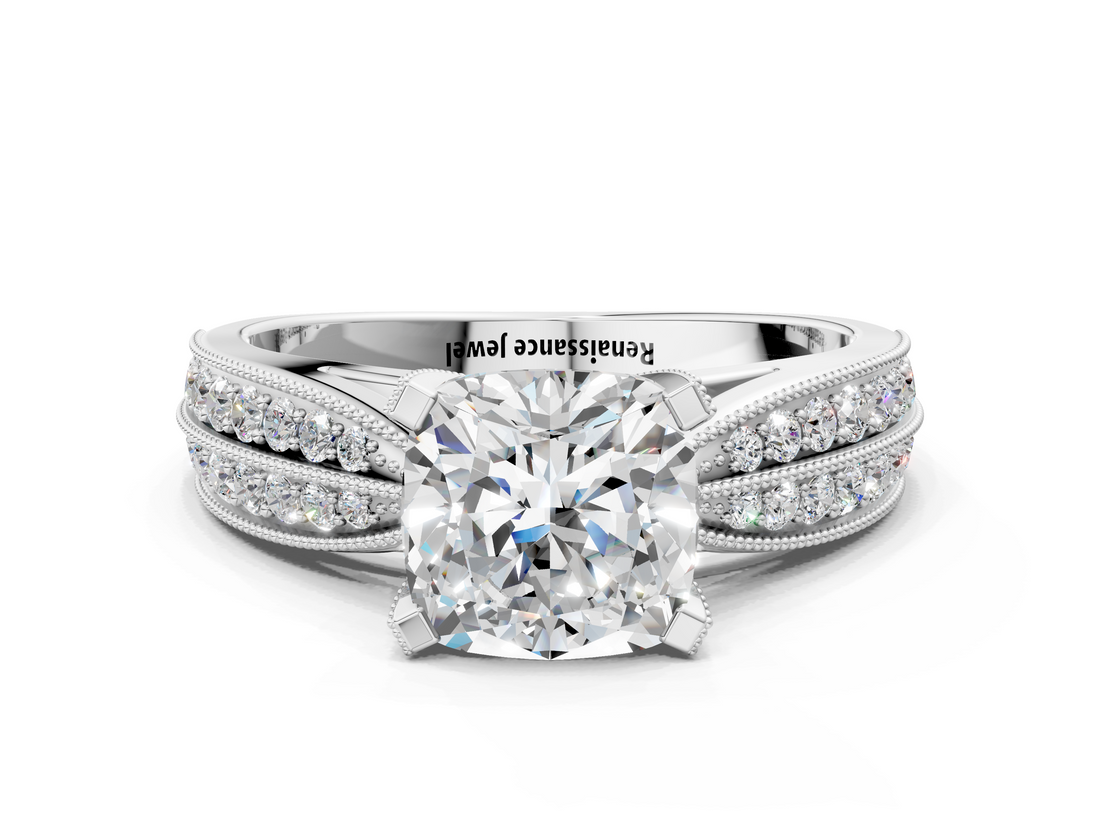 White gold Cushion Solitaire Diamond Ring with Milgrain Pavé Band and Four-Prong Setting_105