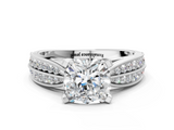 White gold Cushion Solitaire Diamond Ring with Milgrain Pavé Band and Four-Prong Setting_106