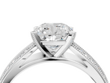 White gold Cushion Solitaire Diamond Ring with Milgrain Pavé Band and Four-Prong Setting_110