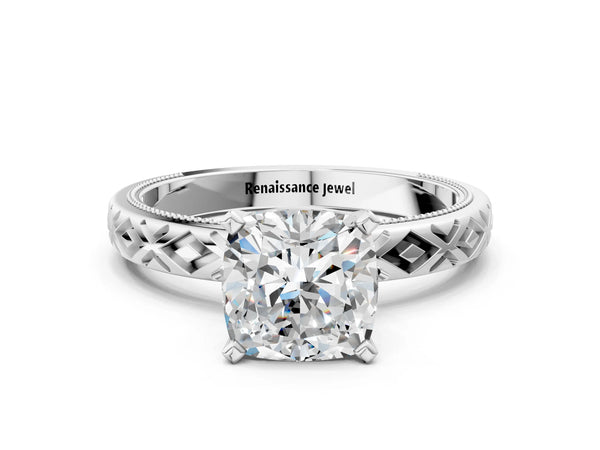 White Gold Cushion Cut Vintage Solitaire Engagement Ring Setting with Milgrain X Pattern Band