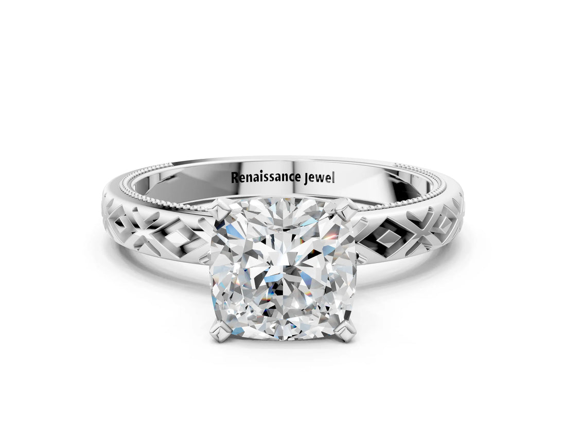 White gold Cushion Solitaire Diamond Ring with Milgrain and Black Enamel X Pattern Band_95