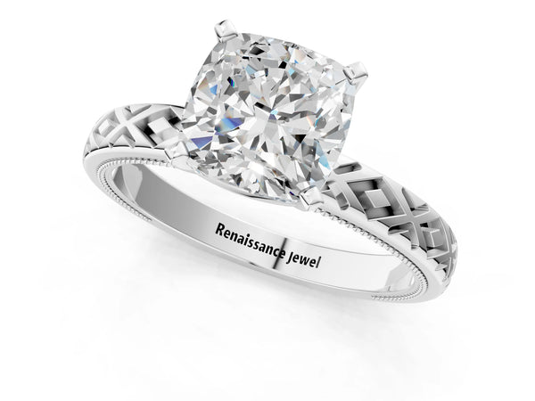 Platinum Cushion Cut Vintage Solitaire Engagement Ring Setting with Milgrain X Pattern Band