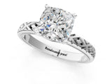 White gold Cushion Solitaire Diamond Ring with Milgrain and Black Enamel X Pattern Band_96