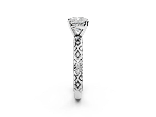 Platinum Cushion Cut Vintage Solitaire Engagement Ring Setting with Milgrain X Pattern Band
