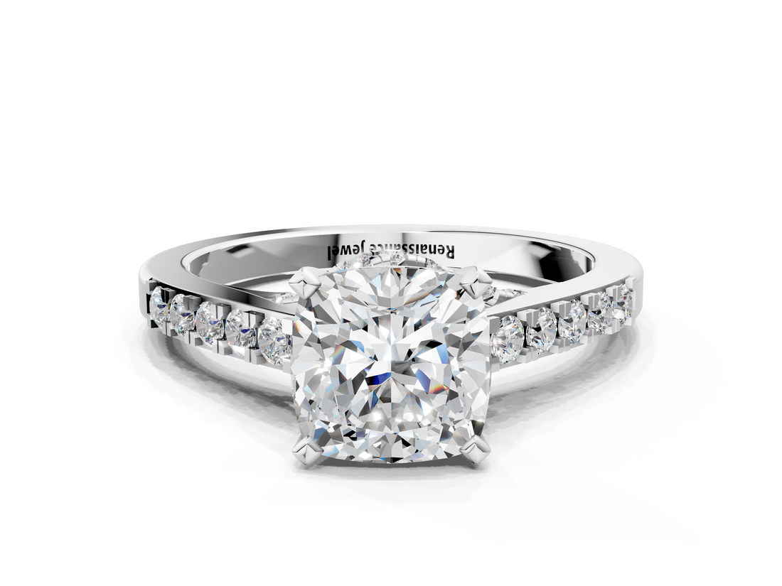 White gold Cushion Solitaire Diamond Ring with Pavé Band and Four-Prong Setting_121