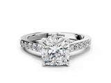 White gold Cushion Solitaire Diamond Ring with Pavé Band and Four-Prong Setting_122