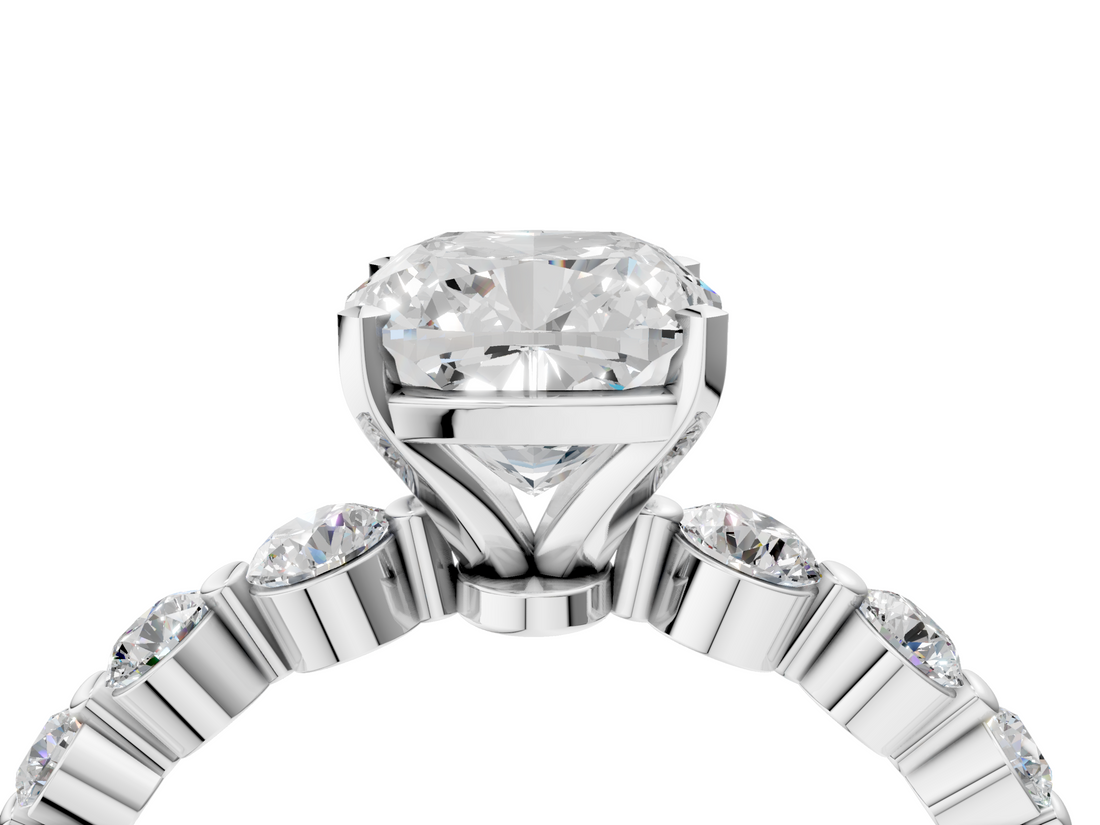 White gold Cushion Solitaire Diamond Ring with Pave Band and Four-Prong Setting_331