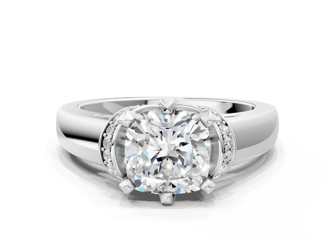 White gold Cushion Solitaire Diamond Ring with Pave Band and Six-Prong Setting_51