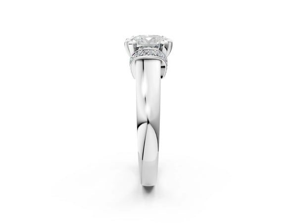 White gold Cushion Solitaire Diamond Ring with Pave Band and Six-Prong Setting