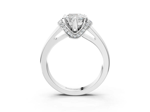 White gold Cushion Solitaire Diamond Ring with Pave Band and Six-Prong Setting