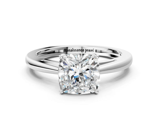 White gold Cushion Solitaire Diamond Ring with Split Shank and Four-Prong Setting