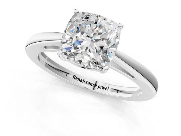 White gold Cushion Solitaire Diamond Ring with Split Shank and Four-Prong Setting