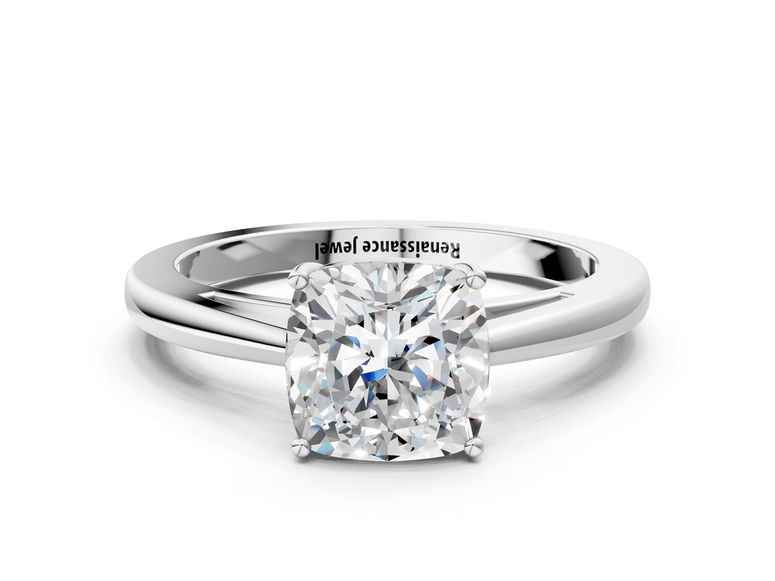 White gold Cushion Solitaire Diamond Ring with Split Shank and Four-Prong Setting_20