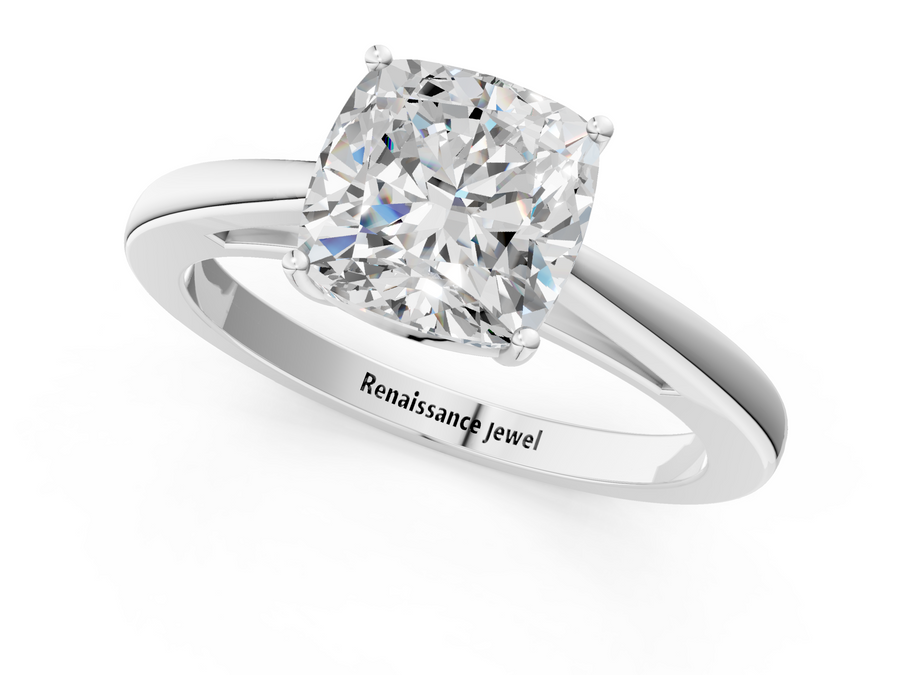 White gold Cushion Solitaire Diamond Ring with Split Shank and Four-Prong Setting