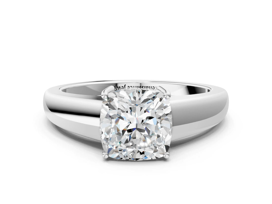 White gold Cushion Solitaire Diamond Ring with Tapered Band and Four-Prong Setting_49