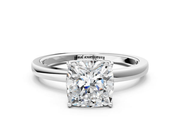 White gold Cushion Solitaire Diamond Ring with Thin Band and Four-Prong Setting