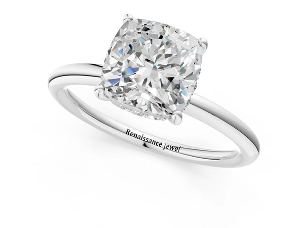 White gold Cushion Solitaire Diamond Ring with a Classic Band and Four-Prong Setting