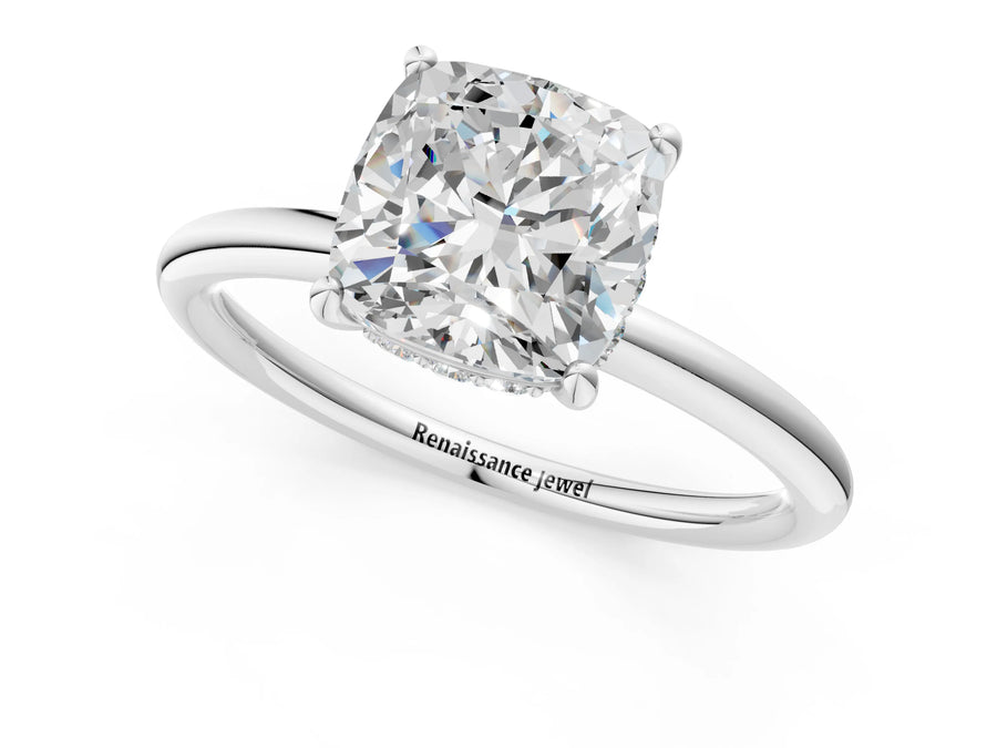 White gold Cushion Solitaire Diamond Ring with a Classic Band and Four-Prong Setting