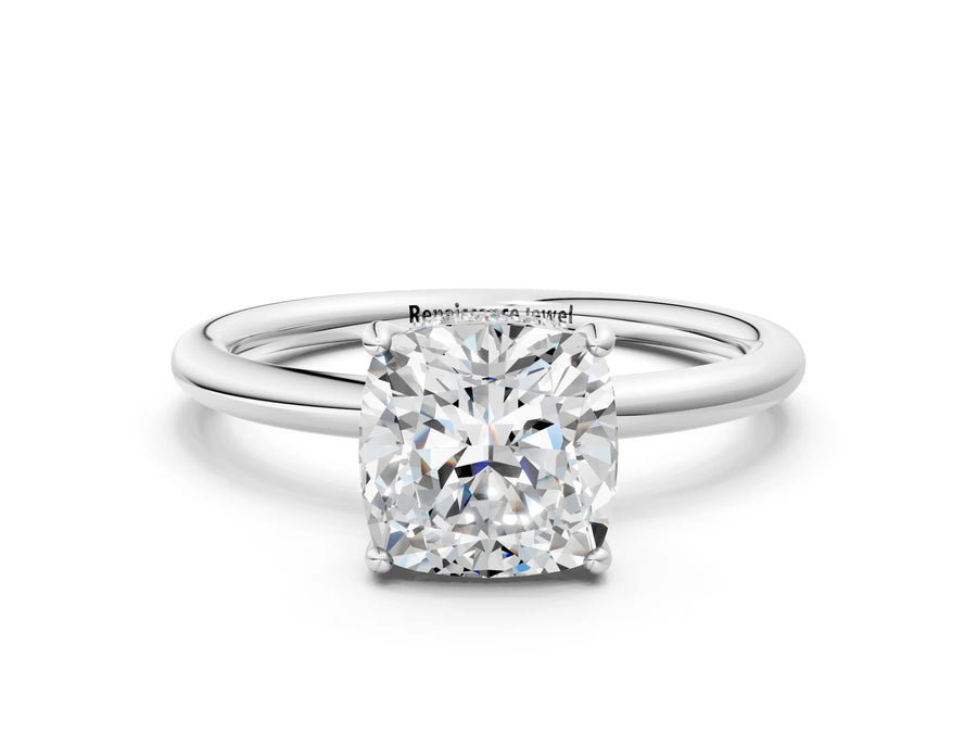 White gold Cushion Solitaire Diamond Ring with a Classic Band and Four-Prong Setting