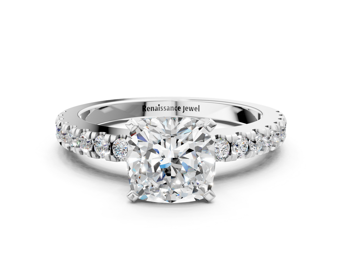 White gold Cushion Solitaire Diamond with Pavé Band and Four-Prong Setting_115