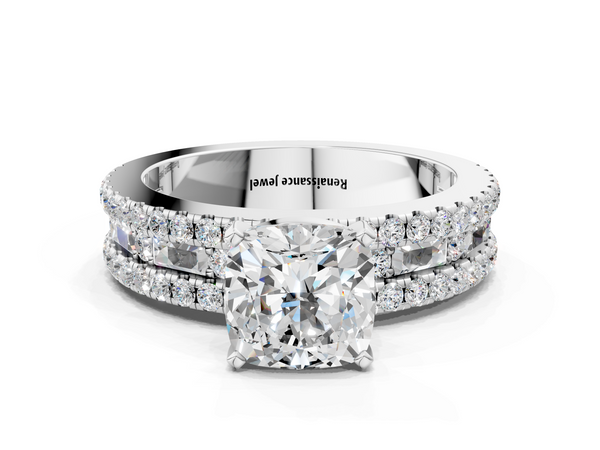 White Gold Cushion Cut Baguette Side Stone Engagement Ring Setting with Pave and Channel Band