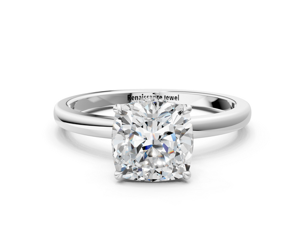 White gold Cushion Solitaire Engagement Ring with Cathedral Band and Four-Prong Setting