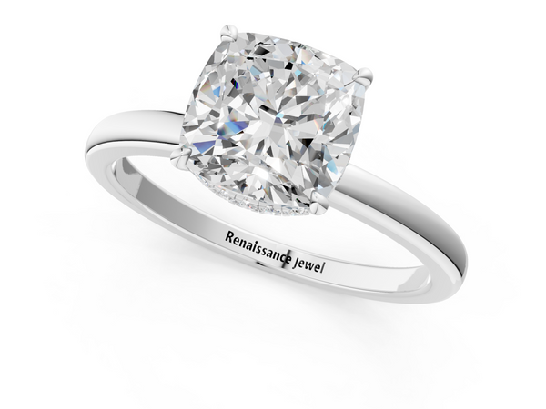 White gold Cushion Solitaire Engagement Ring with Cathedral Band and Four-Prong Setting