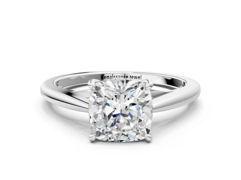 White gold Cushion Solitaire Engagement Ring with Four-Prong Setting and Classic Band