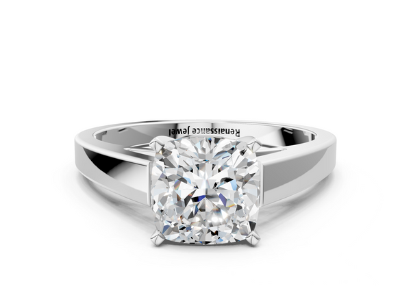 White gold Cushion Solitaire Engagement Ring with Four-Prong Setting and Tapered Band