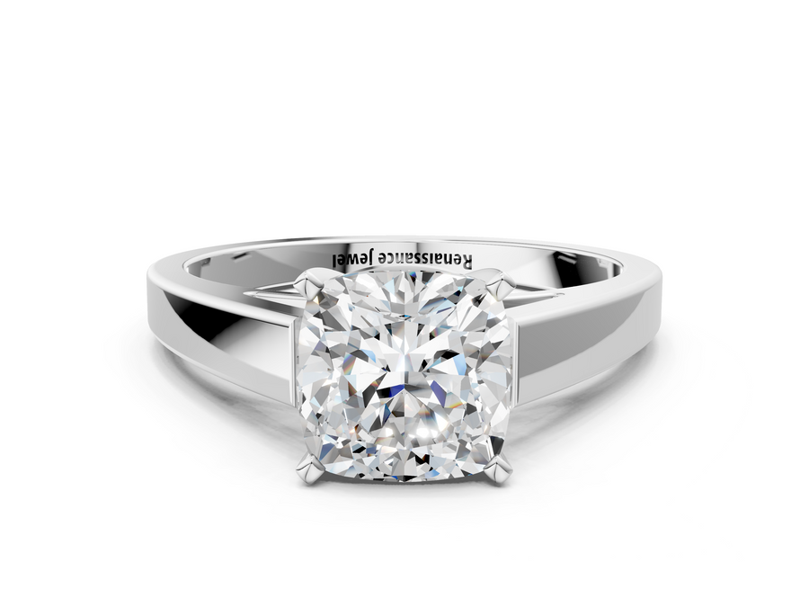 White gold Cushion Solitaire Engagement Ring with Four-Prong Setting and Tapered Band