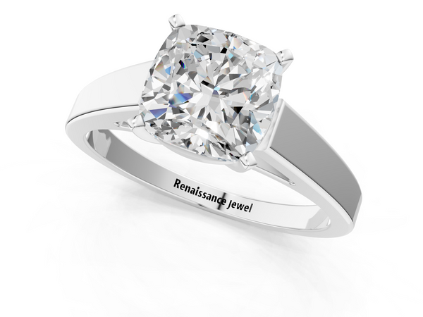 White gold Cushion Solitaire Engagement Ring with Four-Prong Setting and Tapered Band