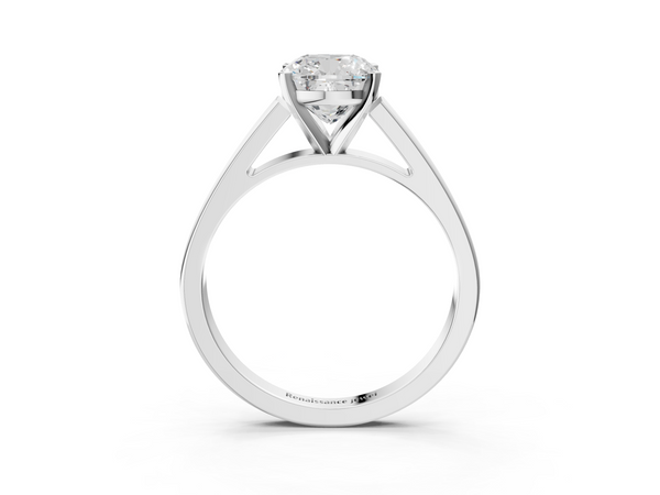 White gold Cushion Solitaire Engagement Ring with Four-Prong Setting and Tapered Band