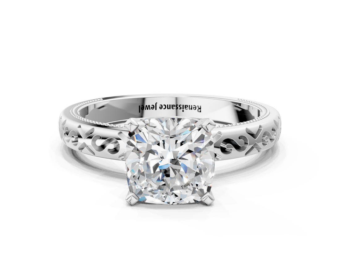 White gold Cushion Solitaire Engagement Ring with Scrollwork Band and Four-Prong Setting_168