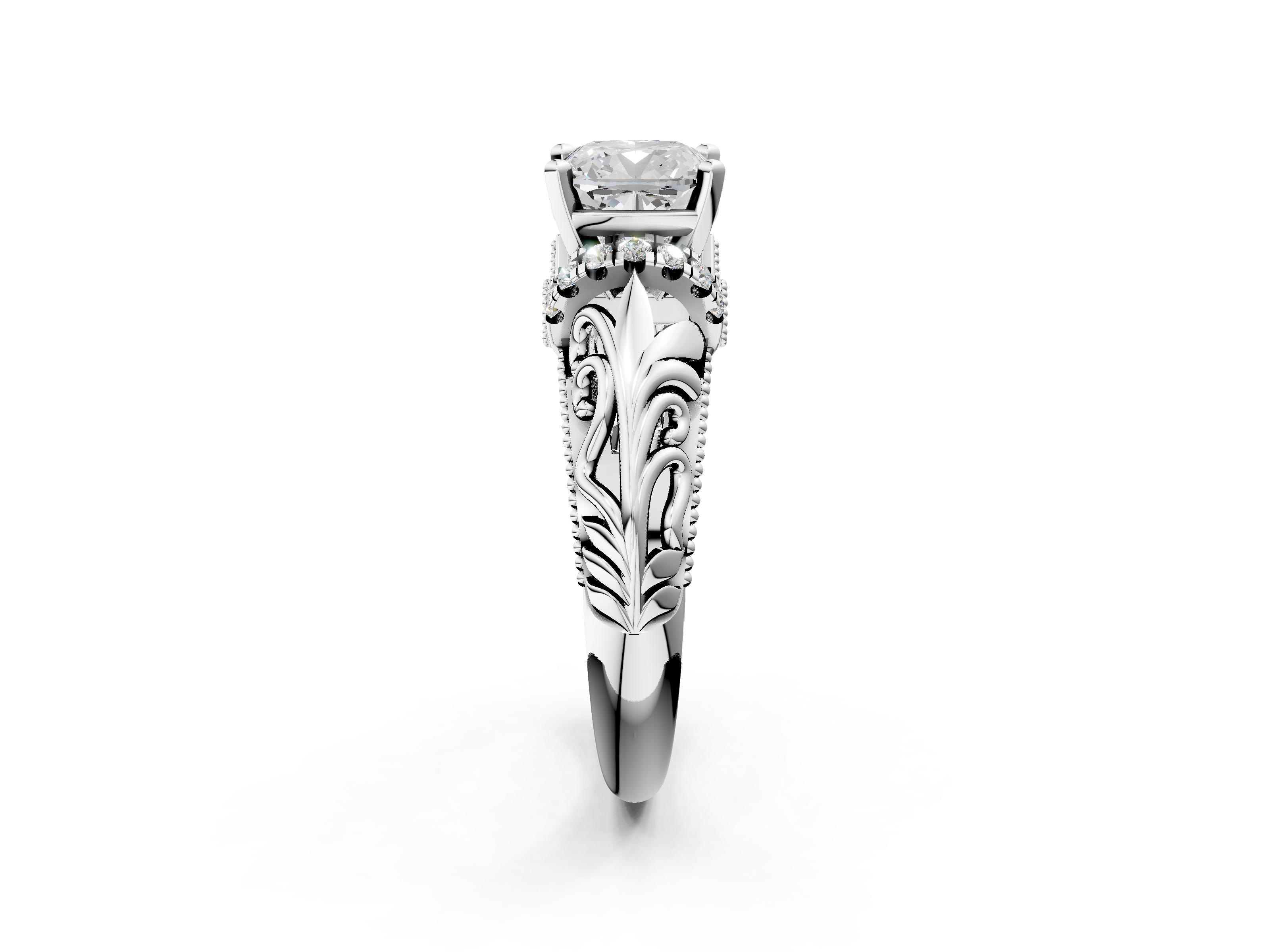 White gold Cushion Solitaire Filigree Engagement Ring with Halo and Prong Setting_100