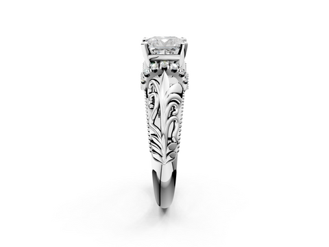 White gold Cushion Solitaire Filigree Engagement Ring with Halo and Prong Setting_100